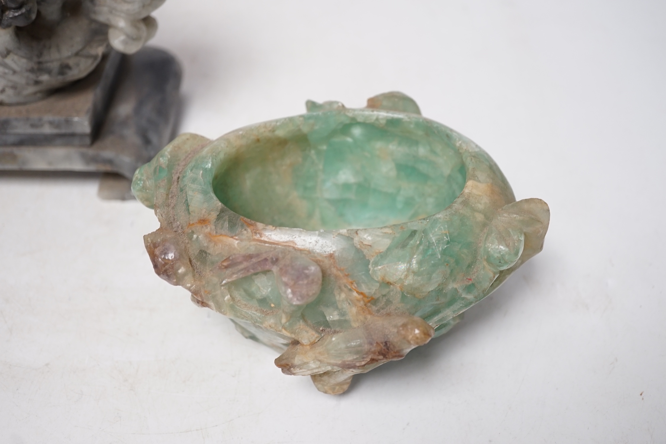 A Chinese carved soapstone figure of a leaping carp and a green quartz pot and cover, tallest 29.5cm high. Condition - fair